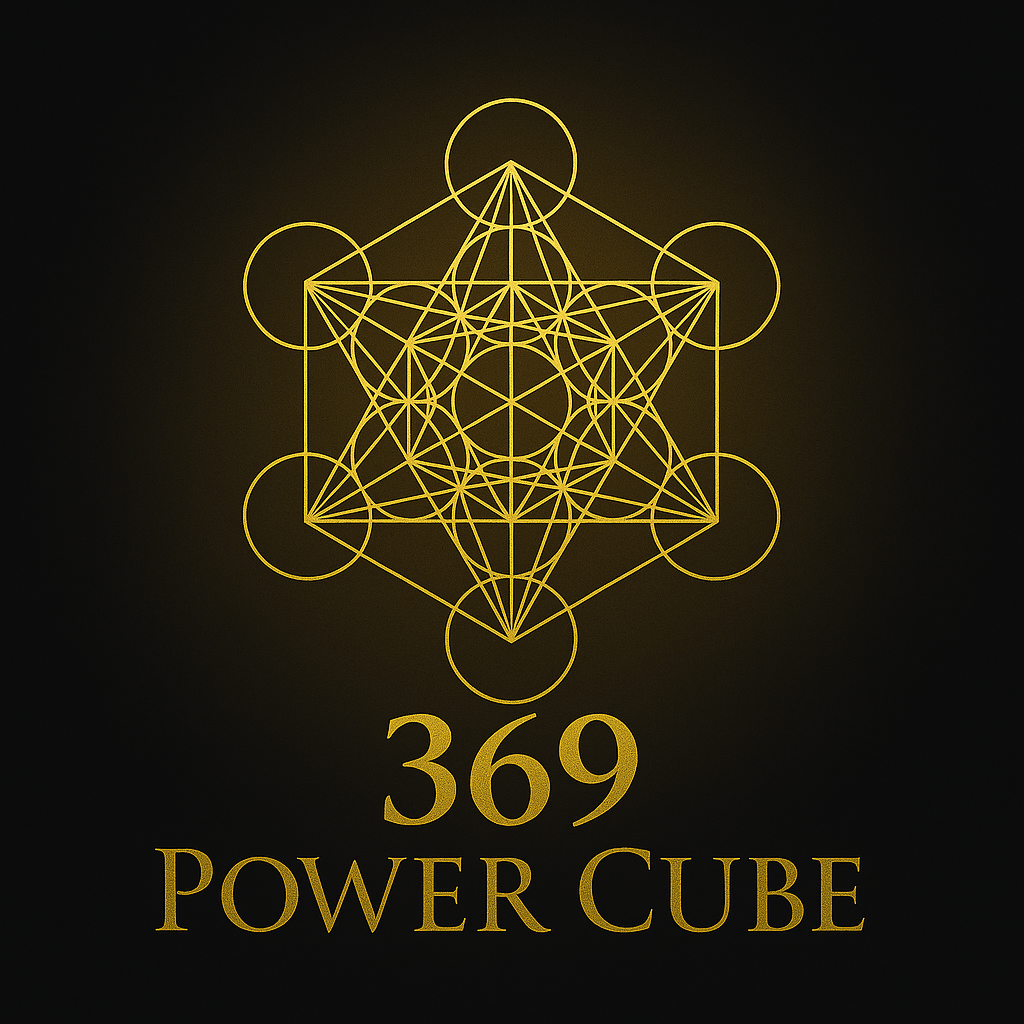 369 Power Cube logo with golden Metatron’s Cube on black background